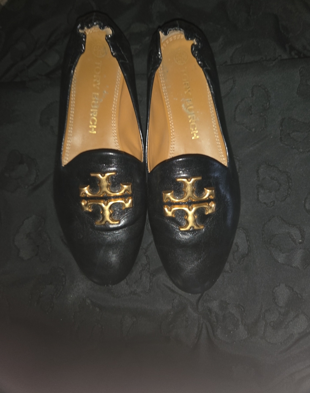 Tory Burch Black Leather Flats with Gold Logo